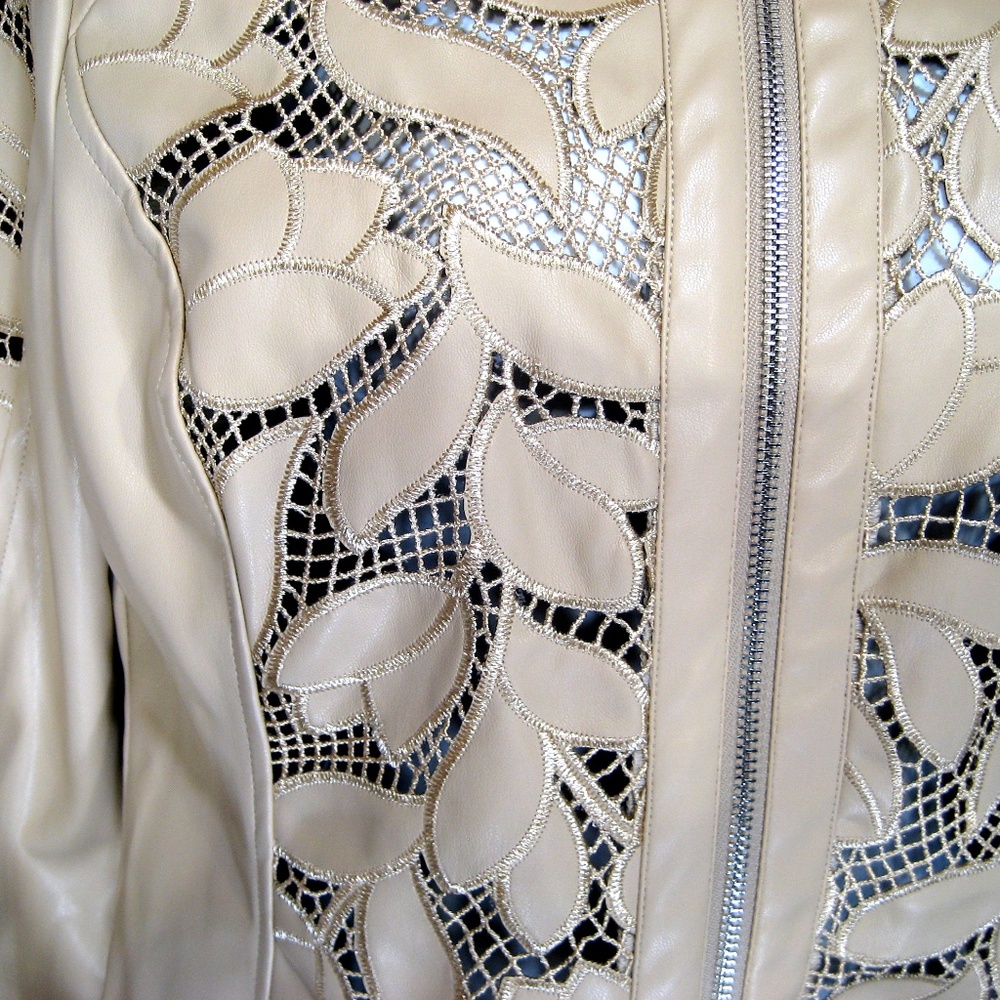 BAGATELLE COLLECTION BEIGE SOFT FAUX LEATHER COMFORT SPRING EMBROIDERY JACKET - Picture 4 of 6